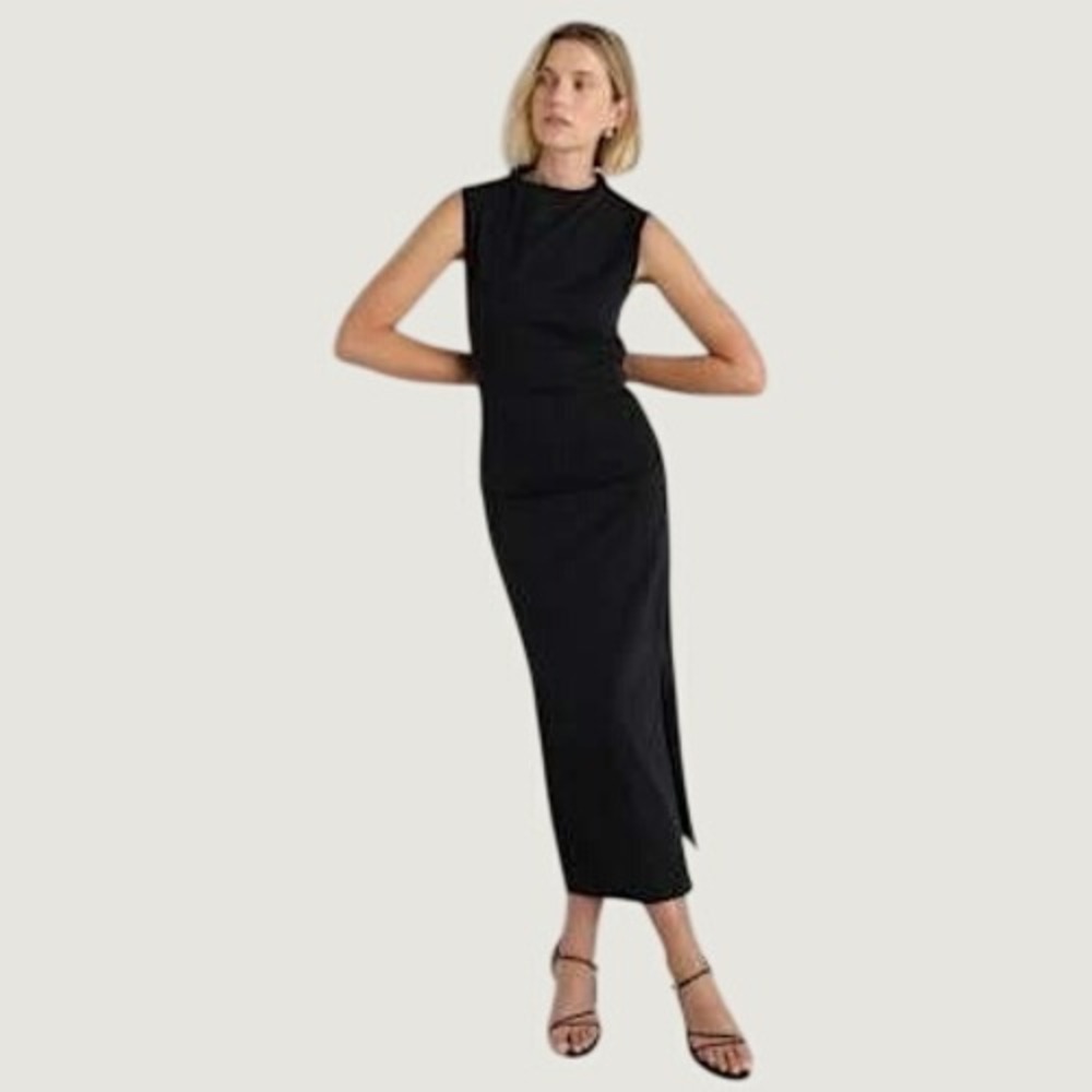 NEW Quince Stretch Cotton Jersey Mock Neck Midi Dress Women S Black Ruched Chic